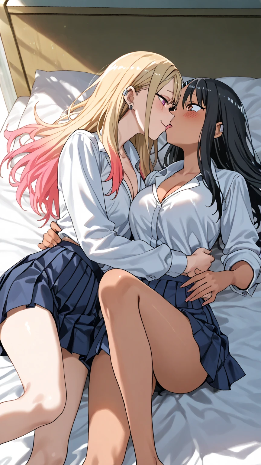 master-piece,hyper quality, hyper detailed,perfect drawing,high-resolution,2 Japan idols, gingham check miniskirt, gingham check vest on bare skin ((flipping up the miniskirt)), (((panties in full view)), lovers, staring at each other from the front, (((kiss))(((French Kiss))) hugging each other's breasts pressed against each other, staring at each other, moist eyes, half-open lips, beautiful, blush (0.2), sensual, seduction, ecstasy, indulgence, bust up, forward light, , shot from the front diagonally below, precise drawing, detailed drawing, accurate human structure, locker room, beautiful background,