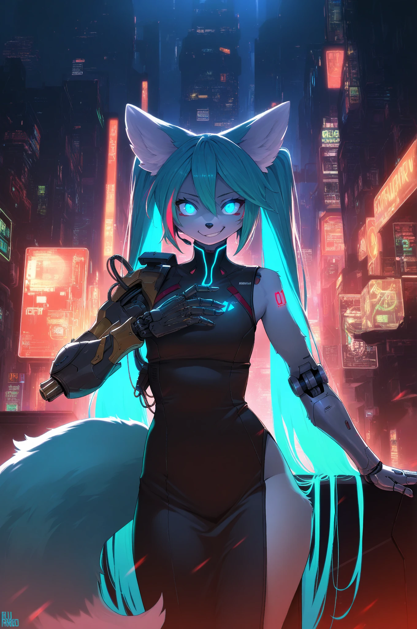 (Cyberpunk style:1.2), (the anime, Cute), (fluffy fluffy anthro:1), Fennec, (very long curly blue hair, The woman, Detailed Face), (small breasts:1) , the pose, ssmile, Masterpiece, Best Quality, sub-surface Scattering, absurd res, soft-lighting, Counter-shading, Detailed background, cyberpunk bodysuit