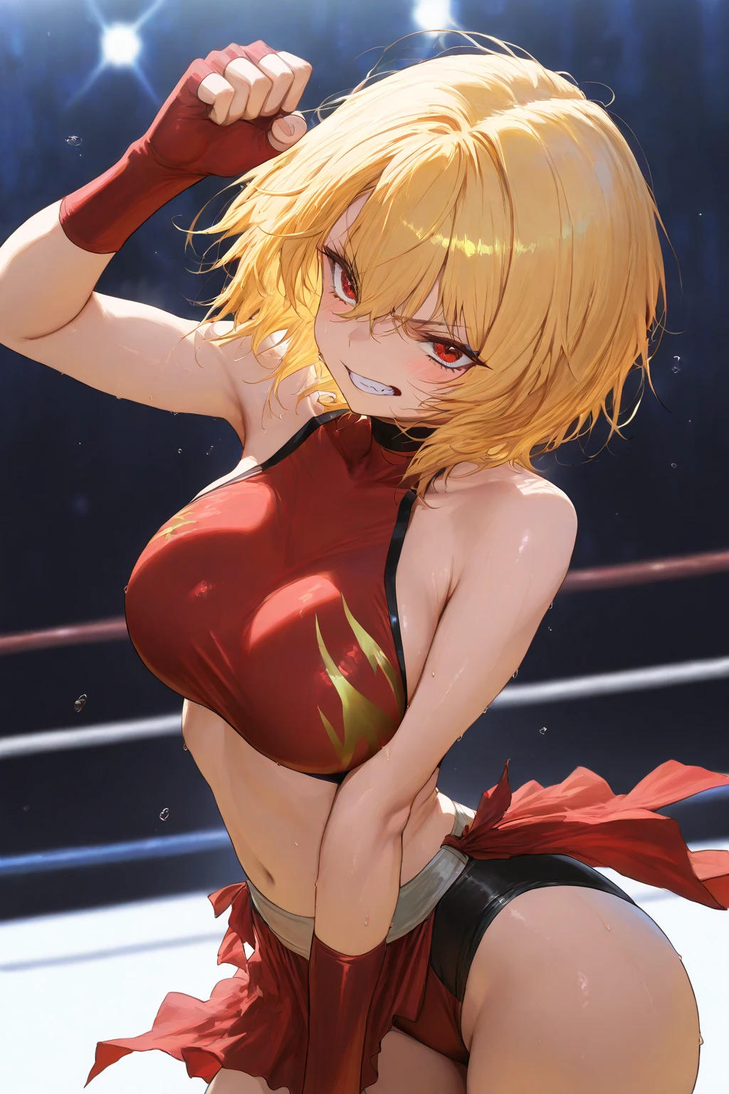 masterpiece, best quality, ultra detailed, ultra high resolution, very detailed face, anime, bottom up angle, ((solo)), (((girl, golden short hair))), ((tanktop, short skirt, maid uniform)), medium breast, slender body, (six pack abs:1.20), little angry, on the boxing ring, indoor