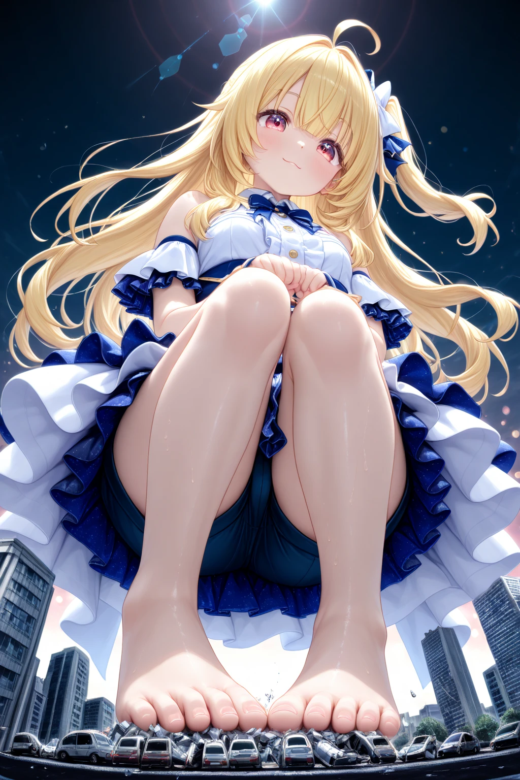 Very nice and beautiful, Anime Style, pretty girl, Standing Split, Standing on one leg, One Girl, Long Hair, Blonde hair, Yellow ribbon, White shirt, White panties, Blue tie, Blue Skirt, Black knee-high socks, (Thin thighs: 1.1), plein air, wind