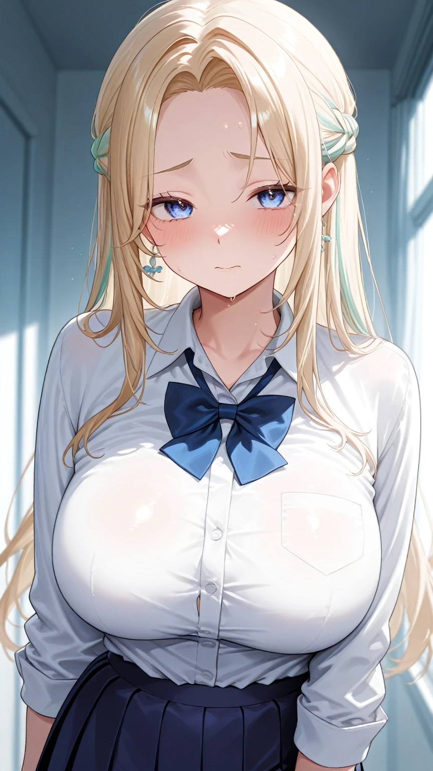 (masterpiece, best quality:1.2), looking at viewer, school uniform with tits coming out, small tits (wavy blonde hair:0.8), long blonde hair, blue eyes, upper body, nipple visible, unbuttoned shirt, boobs coming out of white unbuttoned shirt, nsfw, small boobs coming out of shirt