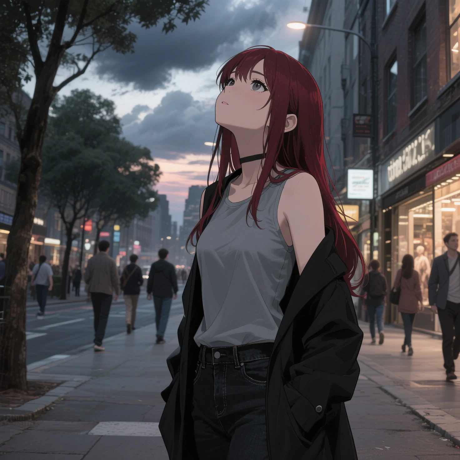 Masterpiece, top quality, best quality, official art, beautiful and aesthetic, anime, 1girl,extremely detailed, colorful, more detailed ((ultra-detailed)), (highly detailed CG illustration),Best Quality, High resolution, Unity 8k Wallpaper, (Illustration:0.8), (Beautiful detailed eyes:1.6), extra detailed face, Perfect Lighting, extremely details CG, (Perfect hands, Perfect ),city,street,night,wet road,reflections,lights,red long hair, cat ears,ponytail,blue eyes, barrette,black choker,earrings,skinny fit,small ,shoulders,white shirt,wet shirt,,high-waist skirt, pantyhose,,, looking in camera,