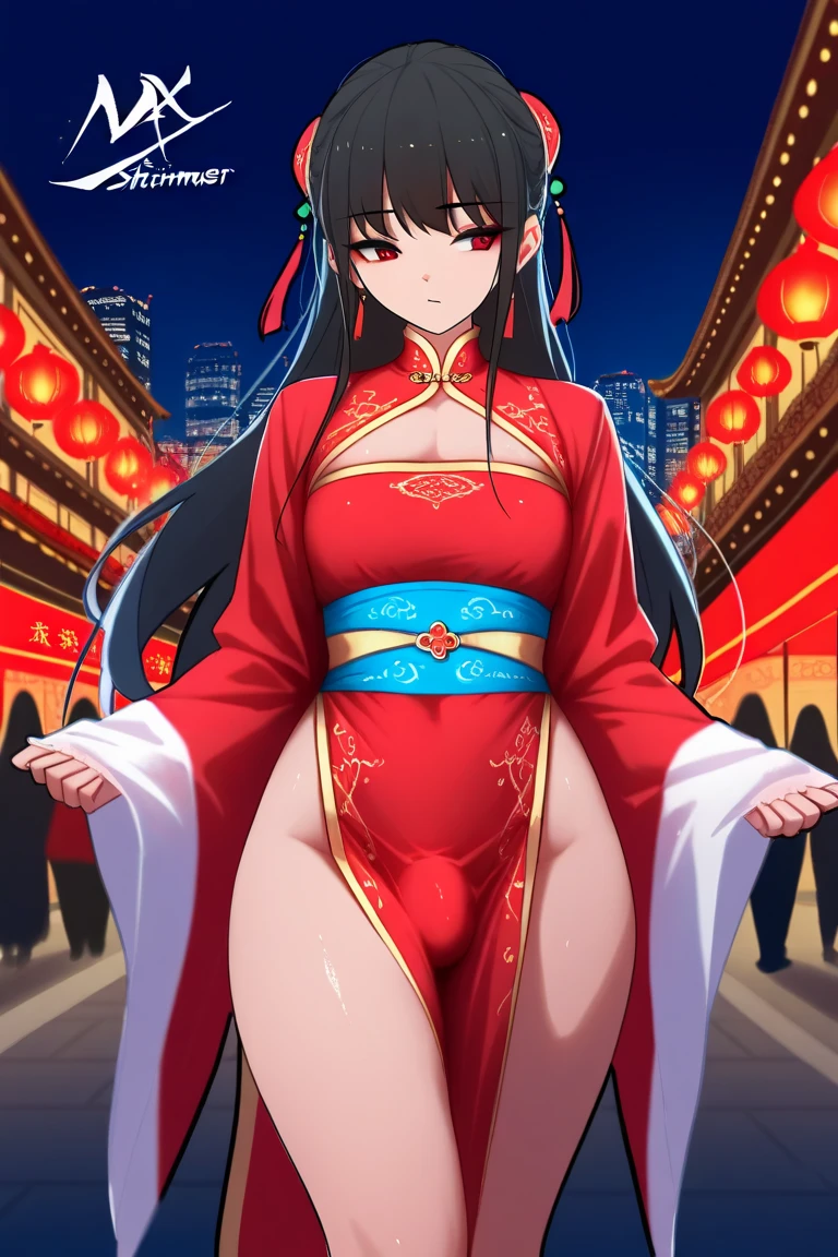Highly shiny embroidery、Princess in a Chinese dress with a crumpled red long-sleeved raincoat、Having sex with the emperor while writhing around on the bed