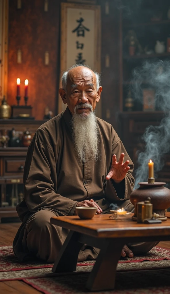 An inscrutable old Taoist priest, with an eerie atmosphere around him.