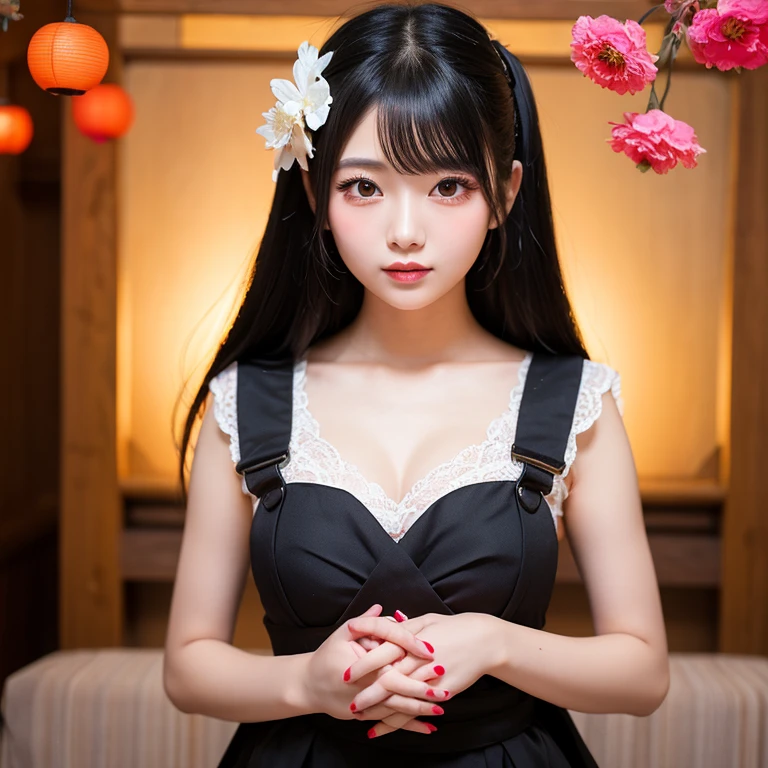 Best-quality, Masterpiece, Ultra-High-Resolution, (Photorealistic:1.4), Raw-Photo, 64K, 1girl, solo, 12-years-old, the most popular Japanese idol, (wearing see-through dress with cute-design), looking at viewer, innocent-smile, ((extremely cute face like the most famous Japanese idol, ((extremely beautiful big-black-eyes)), extremely beautiful hair)), extremely beautiful skins, extremely beautiful long-eyelashes, extremely beautiful lips