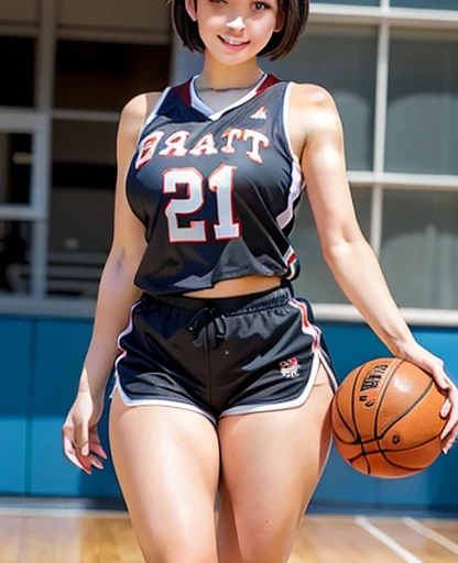 Beautiful brown skin woman, she has brunette layered short hair, she is wearing basketball jersey, she is a basketball player, thick thighs, big butt
