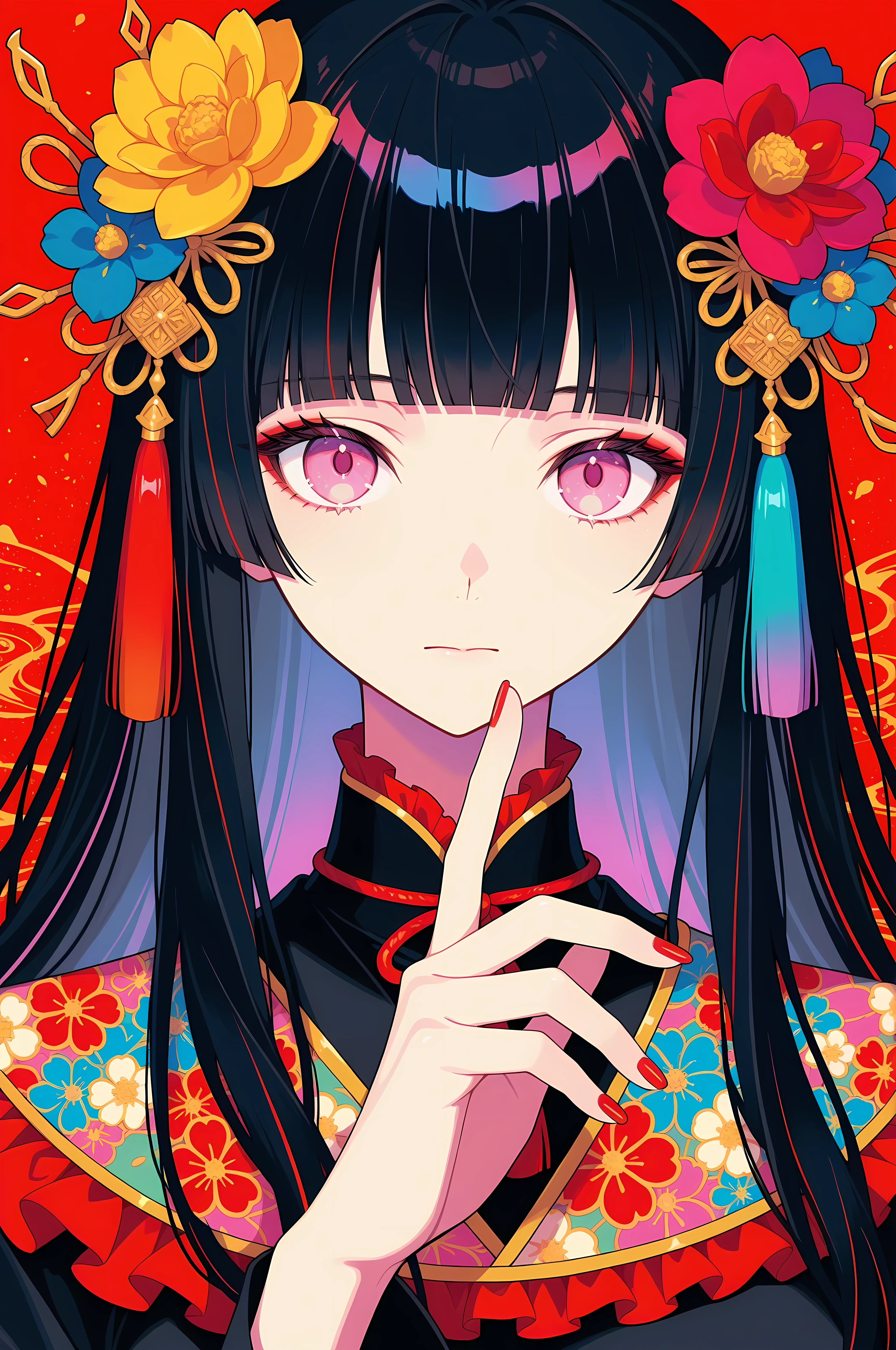 woman, solo, red nails, looking at viewer, bangs, pink eyes, long hair, black hair, hair ornament, hand up, flower, blunt bangs, closed mouth, tassel, ribbon, portrait, colorful, red background, frills, multicolored hair, upper body,