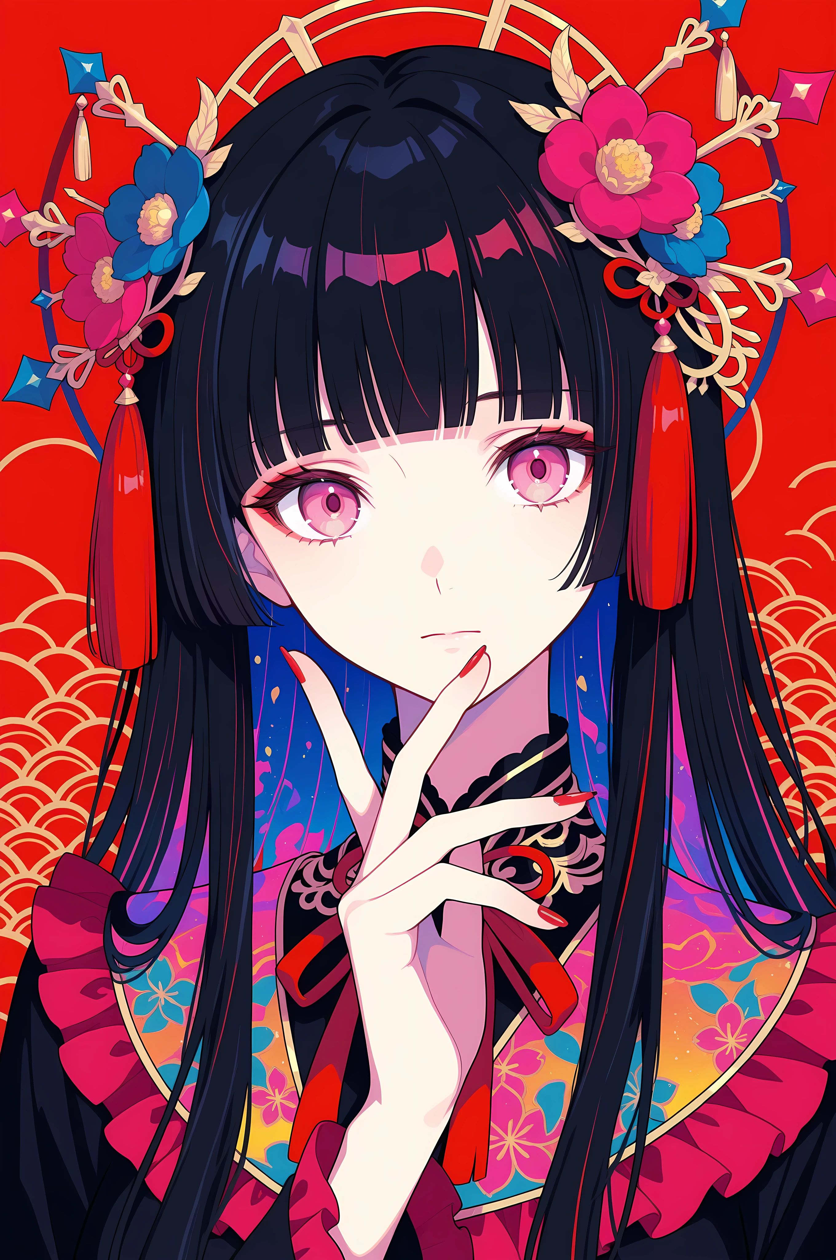 woman, solo, red nails, looking at viewer, bangs, pink eyes, long hair, black hair, hair ornament, hand up, flower, blunt bangs, closed mouth, tassel, ribbon, portrait, colorful, red background, frills, multicolored hair, upper body,