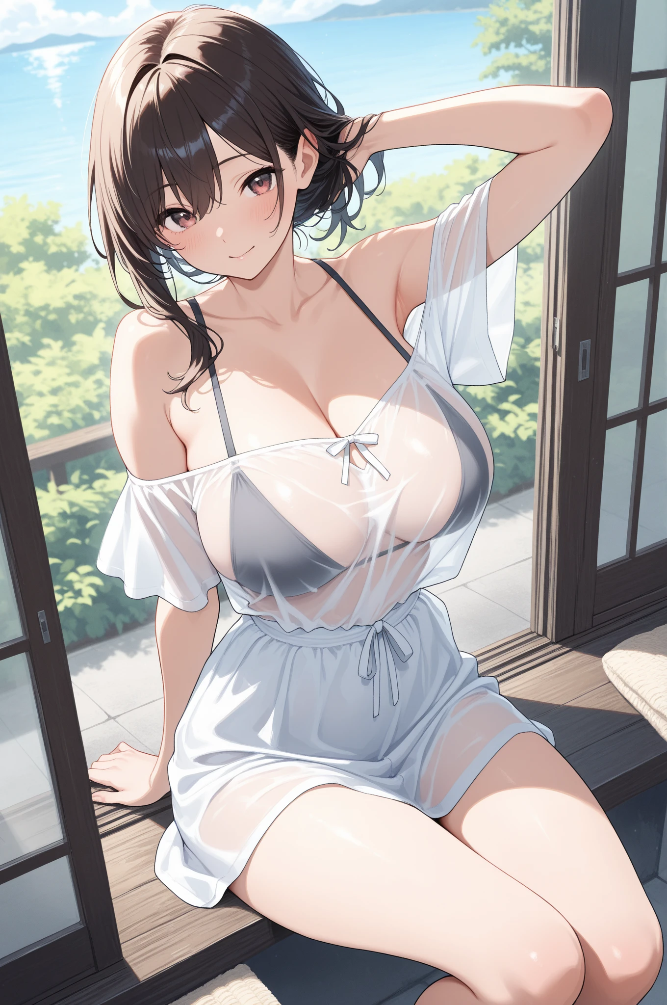 realistically, 1 girl, Twintail hair, brown eyes, glowing eyes, white short skirt, Blush, daytime, Wet from the rain, see through, Knee hug, Strapless shirt, nipples, Sit with your knees raised., armpit, cleavage, panty, outdoor, 18 years old, pussy reveal, crotch, (bedroom on the bed)