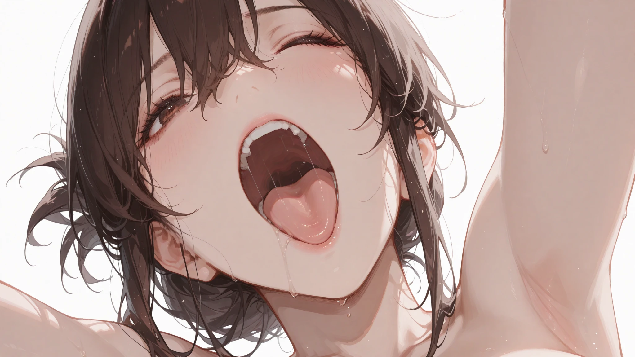 A girl with short black hair, small breasts and modest pubic hair is made to stand naked and is kissed by three male students, crying, screaming and trying to escape.、Shaking and crying with embarrassment、Standing posture