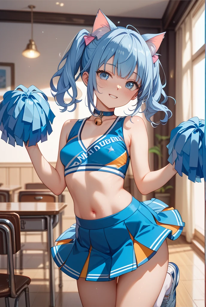 (solo:1.3), (1 skinny cheerleader rooting for viewer:1.2), (violently bouncing large breasts:1.2), cleavage, (dancing violently:1.2), shaking chest, open legs, BREAK, (short cheer uniform), sleeveless, bared stomach, (flapping too short skirt), show off thigh gap, long skinny legs, bared legs, skinny too narrow waist, very short torso, BREAK, nsfw, orgasm, heavy breathing, pussy juice, (coverd erectile nipples), (forced smile but feeling fear)