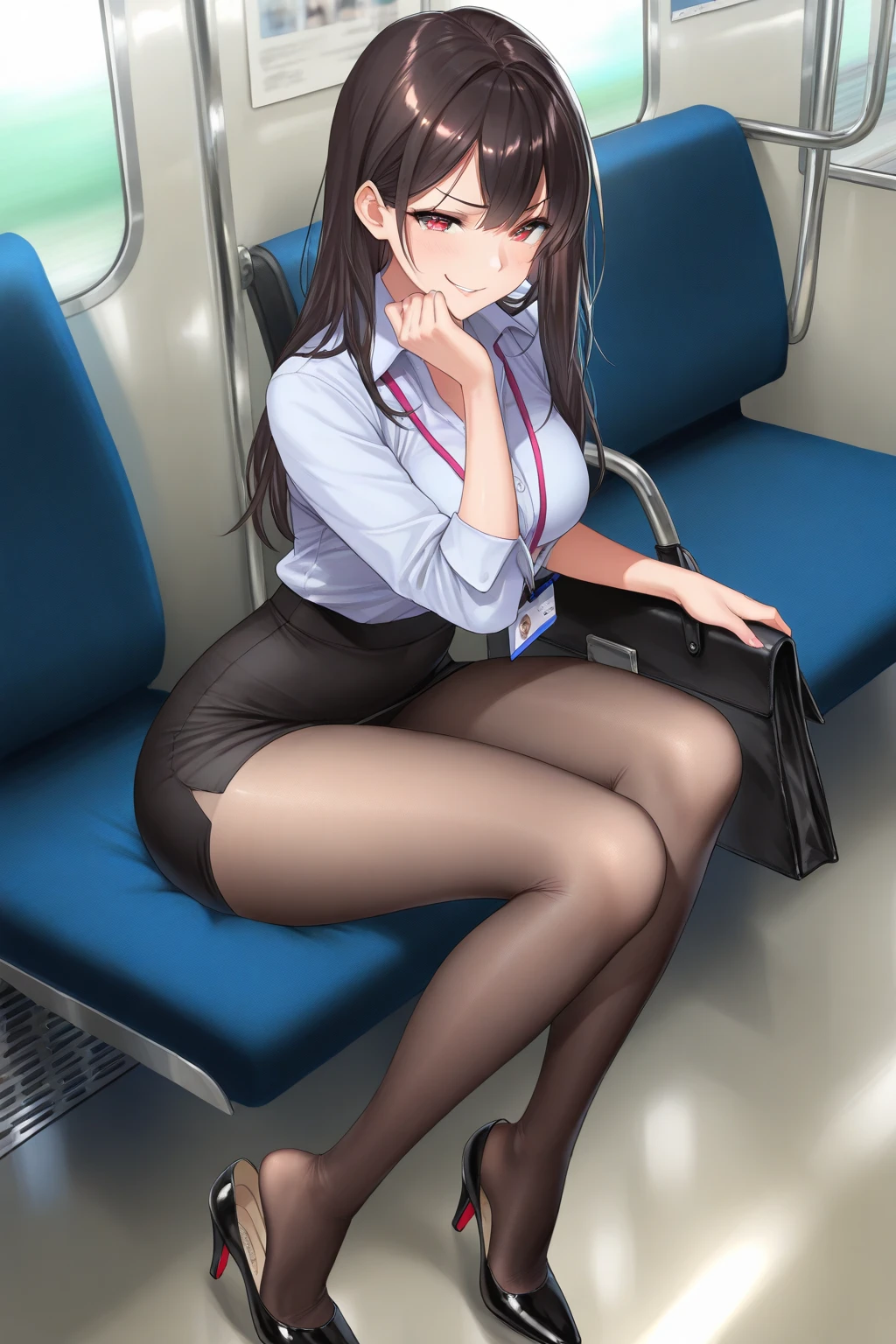 1girl, phone, train_interior, cellphone, sitting, holding_phone, thighhighs, black_hair, long_hair, smartphone, crossed_legs, holding, jewelry, solo, high_heels, bracelet, black_footwear, garter_straps, ground_vehicle, looking_at_phone, realistic, shirt, black_shirt