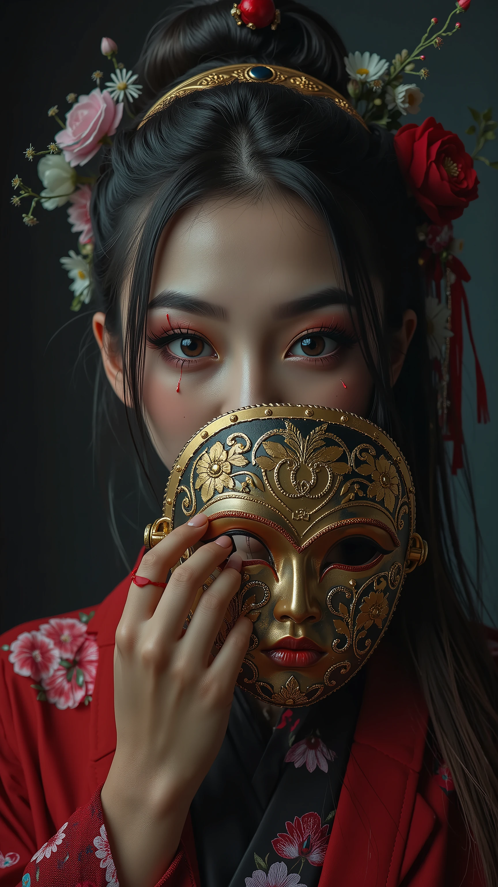 A Japanese idol holding a decorative half-mask to her face, only one cold, intense eye visible, dark moody background, photorealistic portrait, cinematic lighting, mysterious and unsettling atmosphere, high detail, 85mm lens style