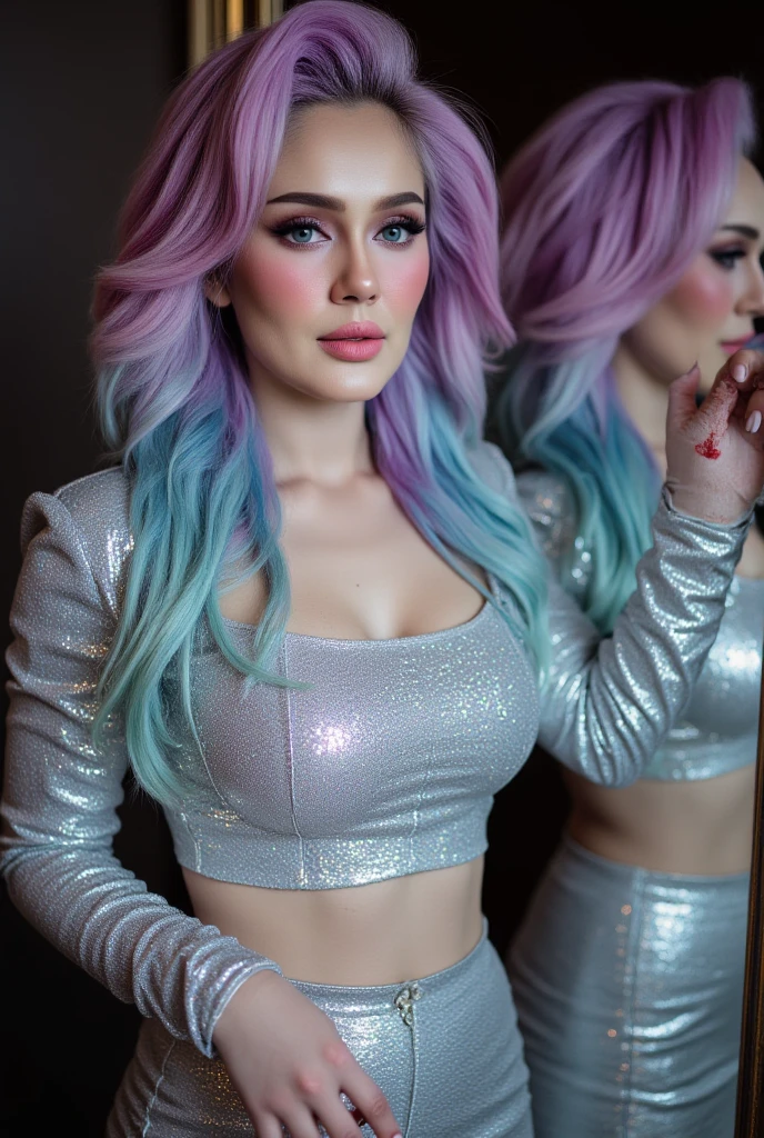 Photo of lady gaga with neon sky blue dress, 4K texture, long hair, high quality, extravagant hairstyle, original album cover, colorful dress with diamonds, 8k image, futuristic, high image quality, at night, hair accessories, 8k image, realistic face in high quality, full body, different body poses, detailed face in HD