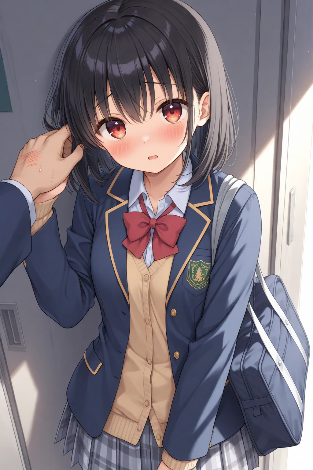 NSFW,4K,Gal:1.3,Anatomically correct,school uniform:1.3,A pure and innocent girl, Very cute face, Like an idol, (masterpiece:1.2), (high quality), panties, loose socks, Hip, Blue Skirt, alone, Blazer Type, loose socks, Lifting clothes, Brown eyes, pure gaze, mini skirt, Lift yourself up, Check skirt, blush,((Mid-chest)), (Sweating profusely), Long Hair, physical education, Beautiful legs, ((in the train))
