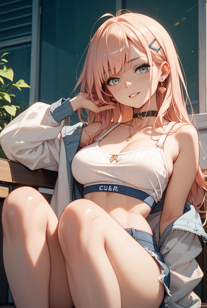 whole body、onlyを見せて、sprawl、only、M-shaped feet、Yogurt permeates throughout the body、Red sexy lingerie、Adult Female Opening Leicester Piece、1 person、alone、Braiding、Torn clothes、handcuffs、chain on ankle、One belly button、tears、(Back arm:1.2)、shibari、rock、Heart-shaped pupilasterpiece, best quality, very aesthetic anime,absurdres,BREAK,(breast focus:1.2),1 girl,(bent forward:1.2),(Very Cheerful expression:1.1) ,golden eyes,BREAK,(creave),(Pale pink hair),BREAK,A girly outfit featuring short denim shorts paired with a fluttery off-shoulder top. The design emphasizes femininity and playful charm. The denim shorts are classic and form-fitting, providing a casual yet chic base. The off-shoulder top is made from a lightweight, airy fabric, possibly in a pastel color or with floral prints, enhancing its girly appeal. It features ruffles or flounces that add movement and a soft, romantic touch. Accessories might include a delicate choker, simple bracelets, and sandals or ballet flats that complement the overall look. This ensemble combines the relaxed vibe of denim with the elegance of an off-shoulder design, perfect for a summer day or a casual outing where style and comfort are key.