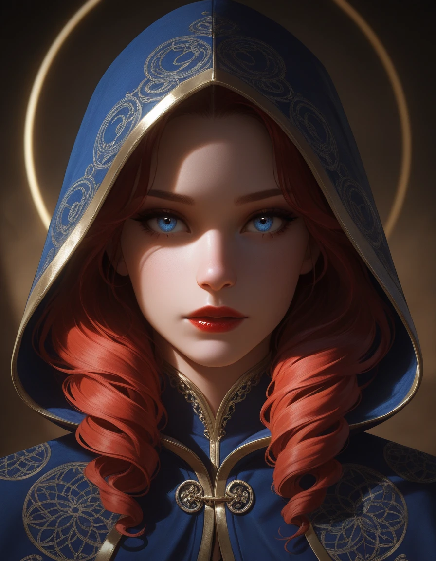 A lady with blue and red hair, wearing a dark hooded cloak with intricate golden patterns, has medium breasts, and is dressed in a form-fitting bodysuit. Her outfit has detailed blue and white accents. She displays a determined expression and stands against a dark background, detailed gorgeous face| anime style| key visual| intricate detail| highly detailed| breathtaking| vibrant| panoramic| cinematic| Carne Griffiths| Conrad Roset| gibbli 8k.