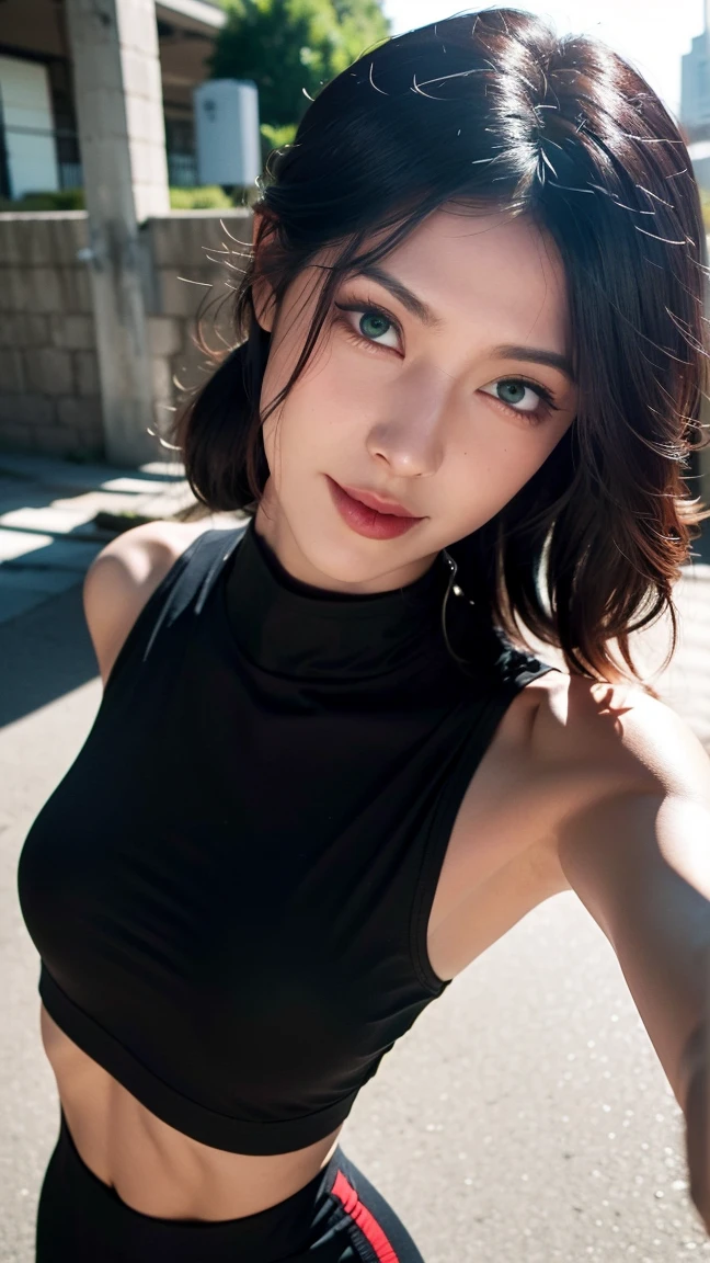 araffe woman in a red shirt posing for a photo, elegant glamor pose, elegant pose, doing an elegant pose, Asian, Japanese woman, boobies, neckleace, tattoo on right arm, blue eye makeup, outlined, shorth hair, Bblack hair, detailed hair