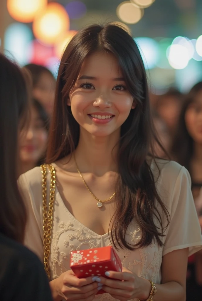 (Best Quality, 8K:1.1),(Slim Beauty:1.4),(C Cup:1.3,Beautiful:1.2),High School Student, Blazer,Dress Shirts,Black Tight Skirt,(Necklace:0.4),Handbag,Light Makeup,Round Nose,Super Thin Face,Drooping Eyes,Double Eyelids,(Bangs + Smile:1.2),Perfect Tooth Alignment.
