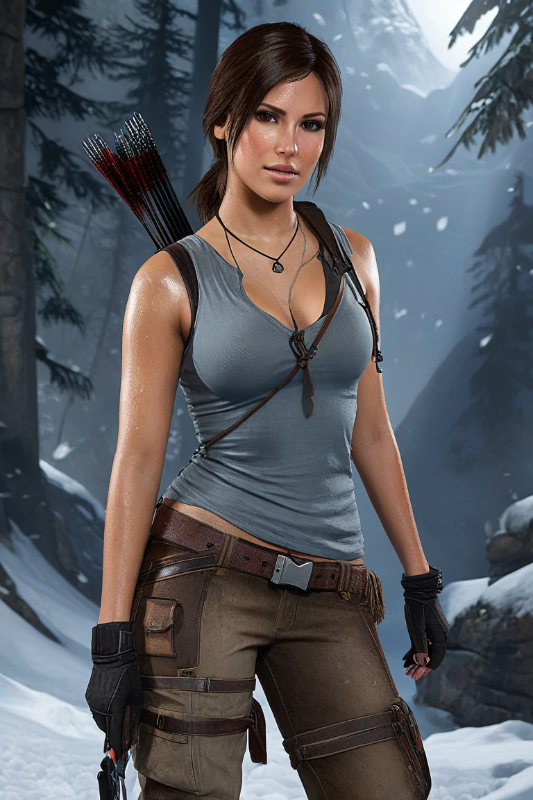 Lara Croft, eyes browns, (best quality, ultra details), (realisitic:1.37), beautiful and detailed face, ultra-realisitic texture, exquisite face, Delicate body, red lipgloss stick, shiny colors. High definition, 8k, serious expression.