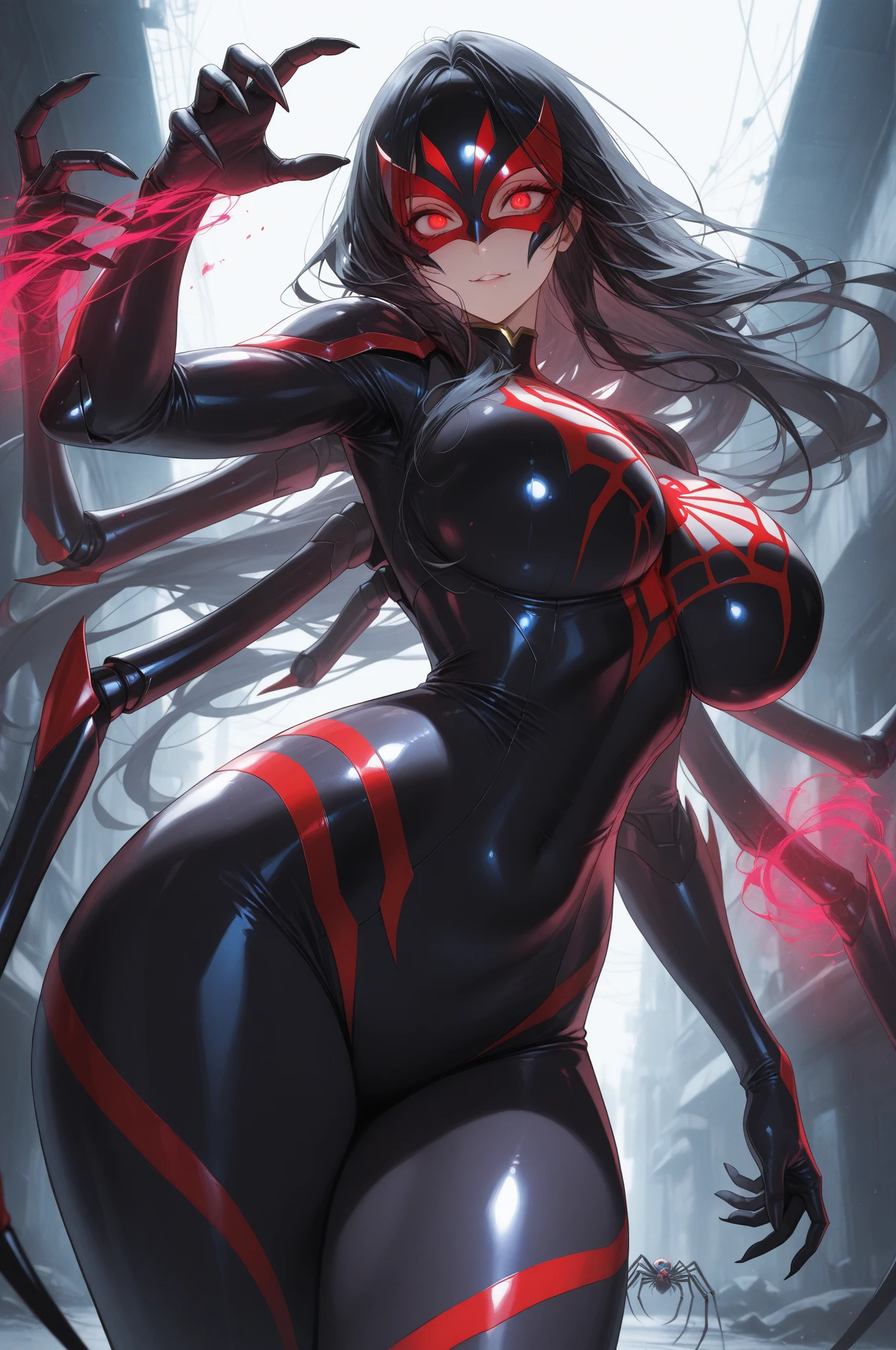 masterpiece, best quality, CG, wallpaper, HDR, high quality, high-definition, extremely detailed, she venom, black bodysuit, looking at viewer, aakurumi, long hair, twintails, hairband, heterochromia, medium breasts, cred ribbon,