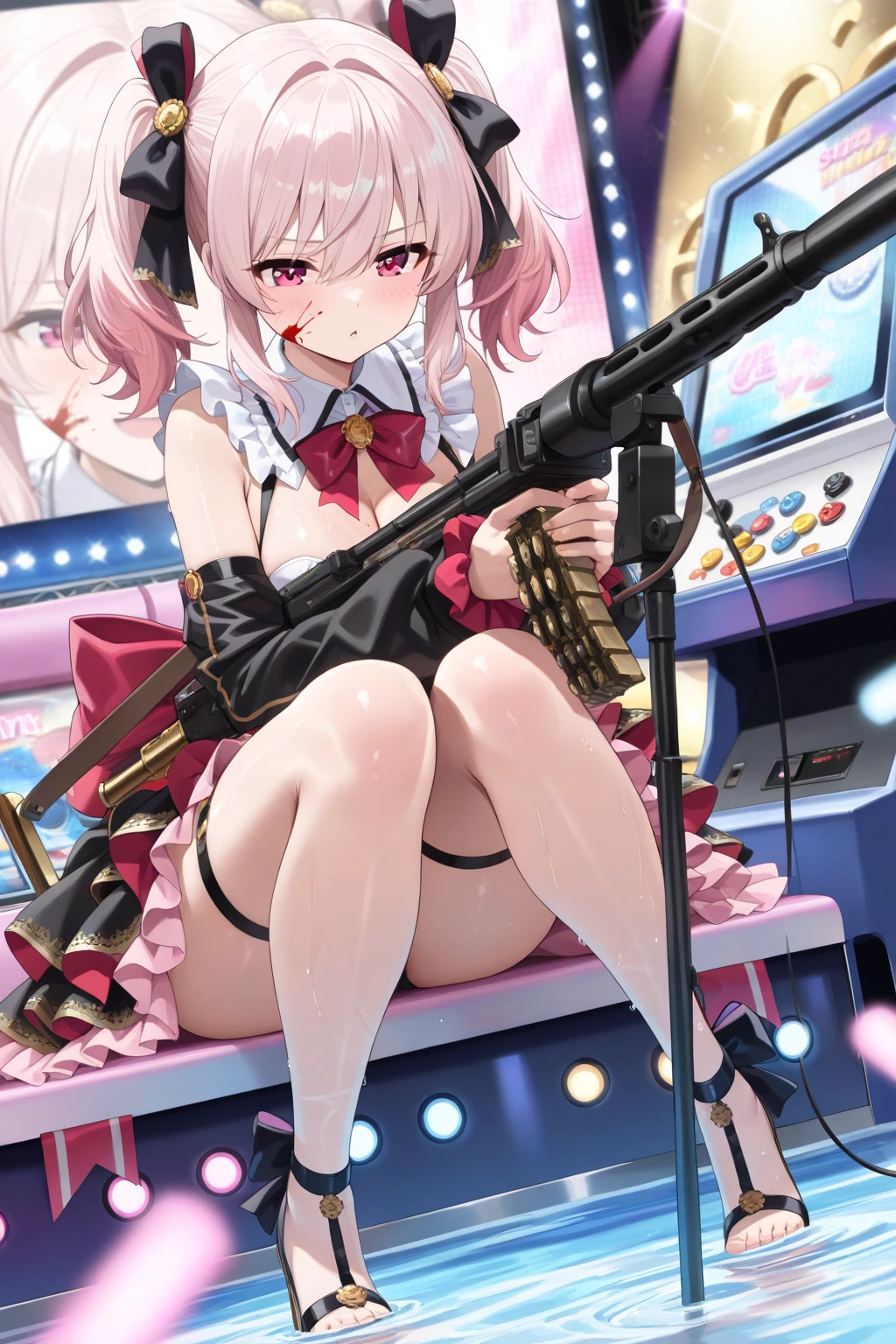 1girl, idol, idol dress, black frilled dress, red ribbons, tie, gyn chair, closed mouth, stage, stage light up, live stage, singing,
speculum insertion, metal speculum, spread legs, cervix, uncensored, 
masterpiece, best quality, <lora:lora_speculum_xl_v1_amg:0.8>