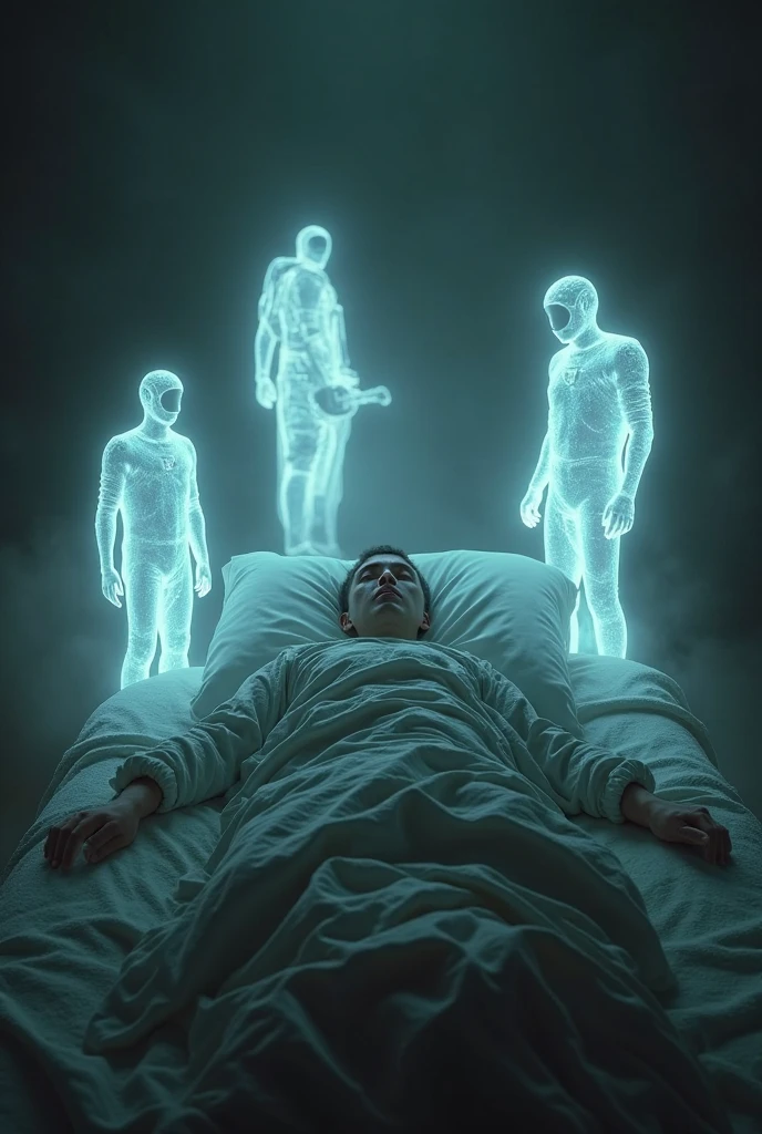 A 47-year-old beardless Peruvian man who is in very serious condition and in a coma due to COVID-19. He is lying in a bed in a forest and is looking at a group of holographic human silhouettes who are kneeling praying and looking at the night sky from right to left. The man is at the edge of the forest, which is divided by a glass