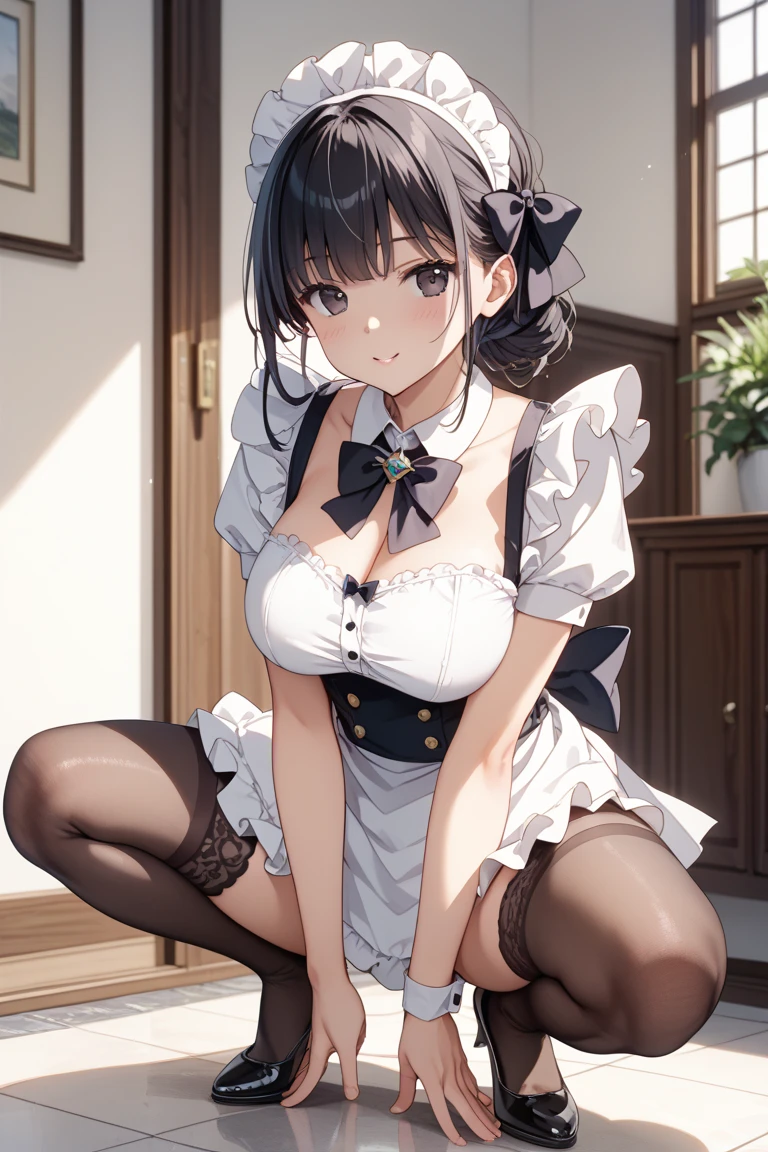 Masterpiece、Highest quality、Highest quality, (long and thin legs, shoes:1.2), squat、Spread your legs with both hands、1 girl, (smile、Open your mouth大笑い:1.2), Cute eyes, (Detailed face:1.3)、Open your mouth, The whole face turns red, alone, Oversized breasts, Big and ample breasts, (Straight bangs), White maid outfit、(Bust only super micro bikini:1.2)、Side bust、Underbust、belly button、Walking the mansion's corridors、nsfw、shoes下