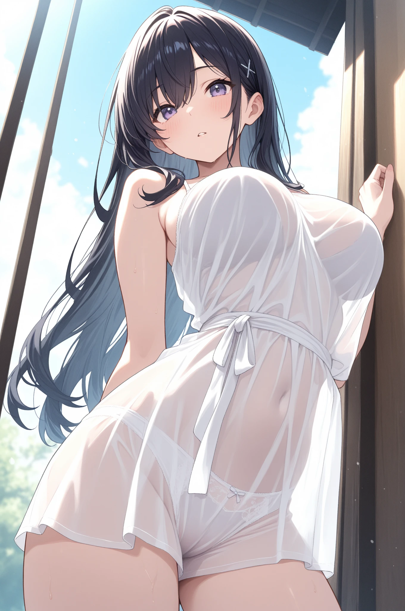 Stunning Chitanda, There is only one beautiful girl，purple eyes, black hair, Naturally straight hair, straight bangs，extremely refined，adult face，lips open，flowing long hair，Peerless beautiful girl, dreamlike，Slim，soft, (Sensual), (kawaii), Dream quality，white dress，On mountain roads，bare shoulders，exposed collarbone，bare neck，Bare thighs，Exposing the groin，camel toe，bare legs，barefoot，extremely shy，ultra high resolution, (masterpiece:1.2, best quality), (Exquisite and beautiful eyes: 1.2), (Beautiful and delicate face)