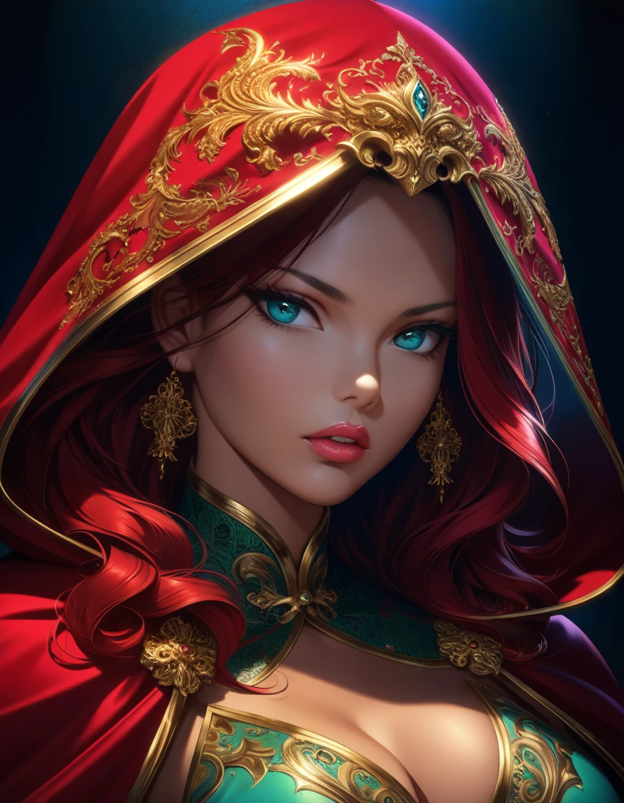 (best quality,ultra-detailed,realistic:1.37),curvy body,beautiful long black hair, piercing green eyes, delicate facial features, red silk dress flowing gracefully, a mysterious red bridal veil covering her face, a sparkling crown adorning her head, elegant gaze full of confidence and allure, sensual aura radiating from her presence, enchanting illustration with intricate details, soft pastel colors enhancing her beauty, gentle and ethereal lighting illuminating her surroundings.