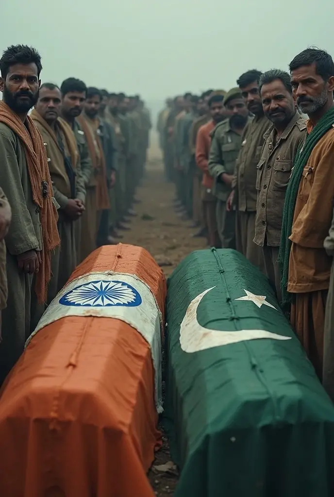 A death army jawan, wrapped in the flag of India, is on the shoulders of six Indian army soldiers in front of the house in the village, there is a crowd of people from the village all around, mother and wife are leaving the house crying. Emotional seen 