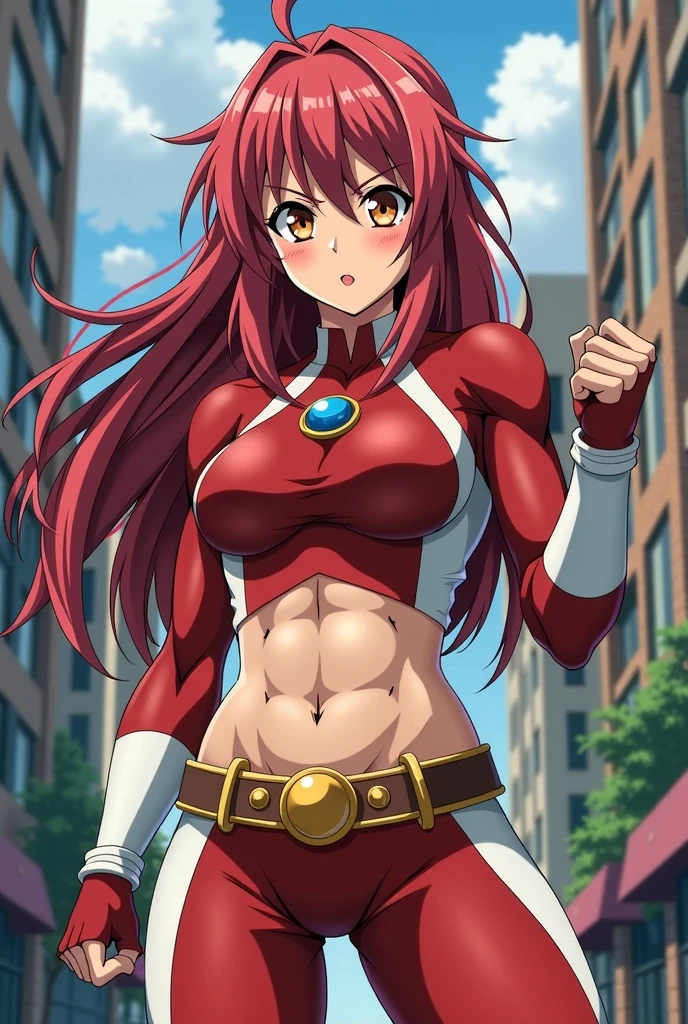 Masterpiece, best quality, absurdres, Anime screencap, beautiful, 1girl, abs, biceps, green_eyes, lion, parted lips, light smile, fighting stance, muscular, muscular_female, red_hair, shorts, toned, white_background, yellow_eyes, clenched hands, <lora:aSFIIMovieCLV14p:0.85>