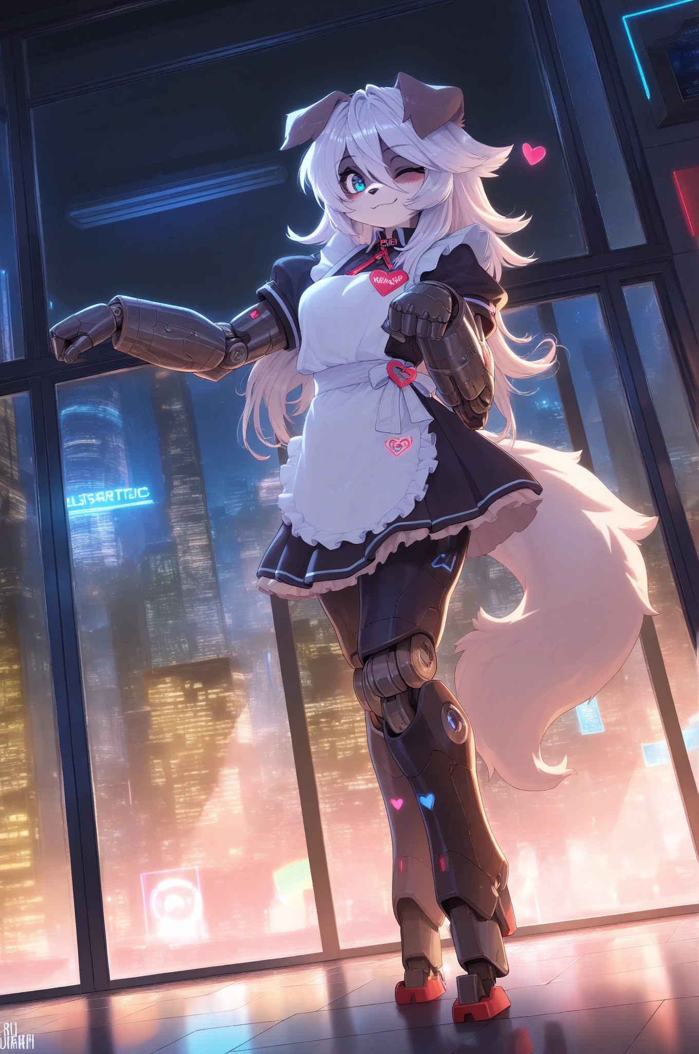 (Fox Girl, Fox Ears, Silver Hair, Fox Makeup, One Girl, Long Hair, Alone on the screen, dark skin, High definition, high resolution:1.6), (maid apron, Black and white clothes, skirt, Mechanical suit for legs:1.8), (Body measurements are 75-60-75!, Young girl body, Small breasts, skirt hold, slender, muscle:1.9), Avatar, face, 色っぽいface, Dominant representation, naughty face, Uplifting, Skin Texture, outside, ruins, Ruined City, Broken Building, There are no people