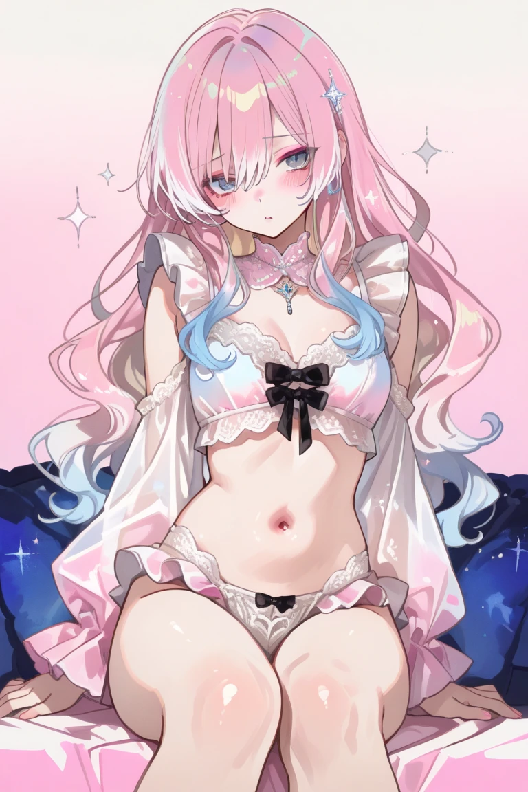beautiful illustrations, highest quality, pretty girl,beautiful girl、clear face、 half girl、pastel colour 、blush、perfect hands、five fingers、fantasy、fantasy、thighs、(perfect face:1.1), (high detail:1.1)、smile、simple swimwear、white bikini、ponytail