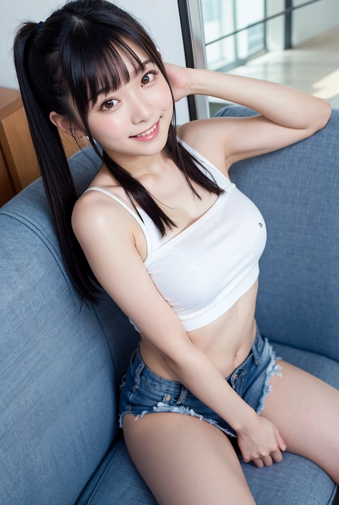 Japanese, high school girl, smile, young face, black hair, twin tails, blue ribbon hair ornament, white tank top, cleavage, necklace, blue denim shorts, black socks, blue shoes, antique bedroom, standing in front of a white bed, window, blue sky and white cumulonimbus clouds, beach, nostalgic scenery, refreshing feeling