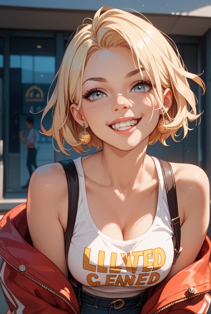score_9, score_8_up, score_7_up, 1girl, cute, excited, white skin, blue eyes, seductive look, white t-shirt, large breasts, blonde hair, short hair, smile, tongue out, cheeky <lora:pony/twilight_style:0.8> concept art, realistic <lora:pony/expressiveh:0.8> expressiveh, <lora:pony/kenva:0.8> knva, halftone effect, retro artstyle