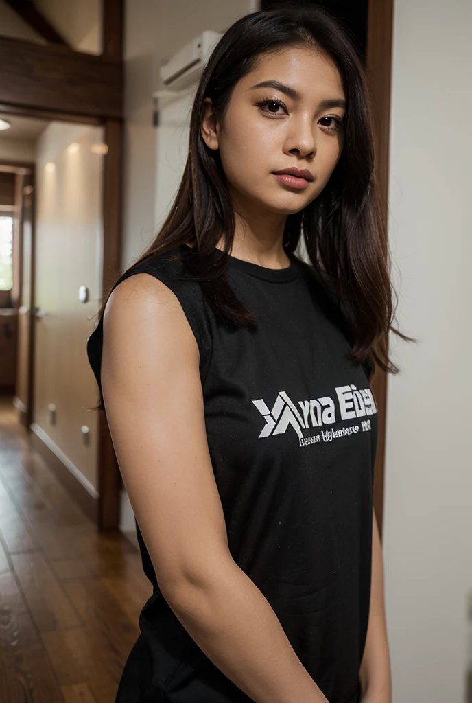 (Sexy tanned Polynesian|Asian woman, 1 girl:1.2, thicc hourglin this figure, perfect eyeliner:1.2), (work of art:1.4, best qualityer), medium breasts, unity wallpaper 8k, ultra detailded, (pastel background, wearing gym shorts and colorful tank top:1.3), Attractive posing, trunk, in this, beautiful and aesthetic, detailded, standing alone