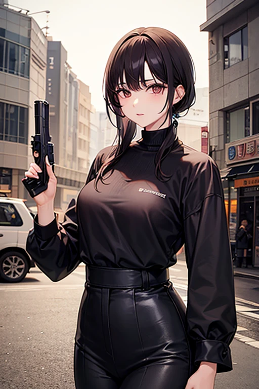 hyper realistic, masterpiece, very detailed, sci-fi, dystopian, (beautiful eyes ), (bangs), brunette, Woman,  detailed face, detailed skin, baggy clothes, thigh high socks, skirt,  cyberpunk, soft light, subsurface scattering,((skyline)), cumulonimbus clouds, busy street, polluted, dust,