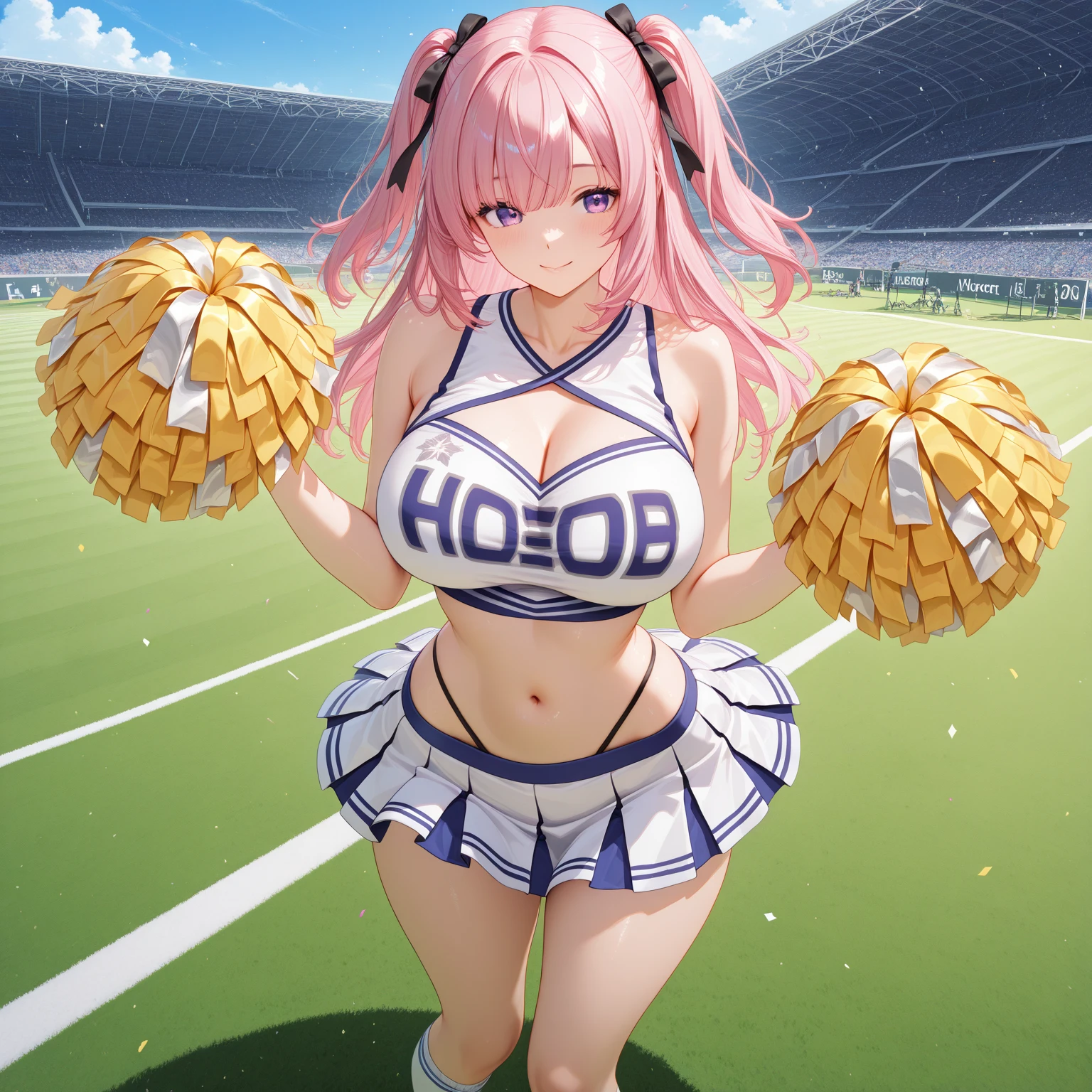 Elf, huge breast, hime cut, light pink hair, thicc thigh, micro skirt, cheerleader outfit, midriff open, thong, track field.