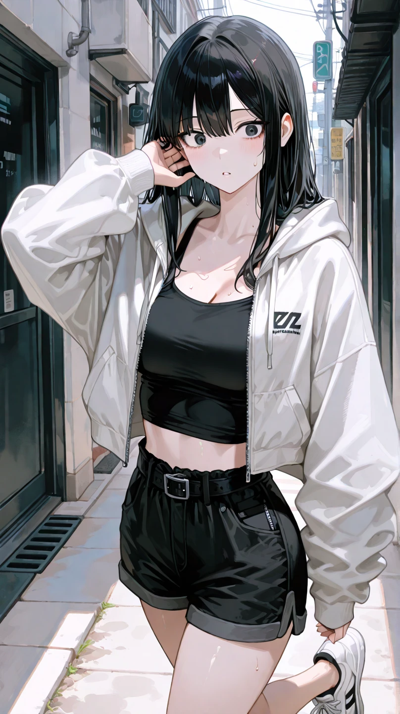 masterpiece, best quality, ultra high resolution (Reality: 1.4), original photo, 35mm lens, aperture F1.4, movie poster, light and shadow, female, long black hair, real skin, (skin detail: 1.3), Wear a music listening headset, shorts, Leggings, Soaked in emotion