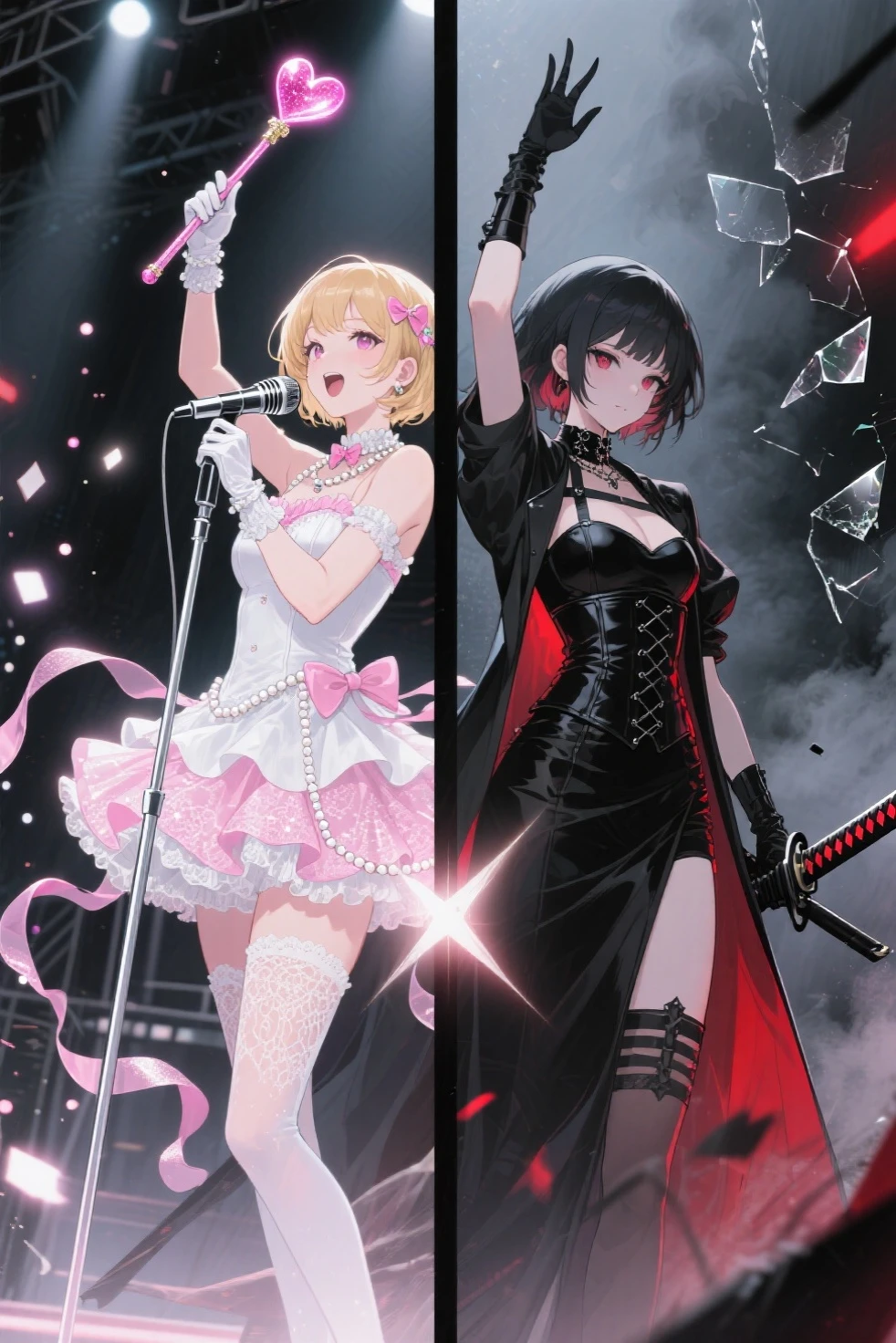 An anime illustration of a split-screen composition. It separated by an invisible mirror at the center.
Two versions of the same girl stand face to face in side view. On the left, her idol persona is glowing with soft stage lights. She has short blonde hair and wears a heart-shaped hair clip. Her outfit is a frilly pastel pink-white idol dress with glittering ruffles, a short layered skirt. She has pure, vibrant and joy expression, holding a silver microphone in her right hand, while her left hand reaches out to touch the mirror, creating a white soft glow at the point of contact.

On the right, her dark alter ego mirrors her exactly, but with a sharp contrast. She wears a sleek black combat outfit with a long coat, leather straps, and red glowing accents. Her black short hair is slightly tousled, eyes cold and focused. She holds a black handgun in her left hand, pointed downward. Her right hand reaches out to touch the mirror, creating a black soft glow at the point of contact

The lighting is split—soft spotlight and floating light particles on the idol side, moody shadows and faint smoke on the dark side. The invisible mirror itself reflects no environment, only the emotional tension between the two versions of herself. High resolution, high quality, high detail, rich in details, rich in colors, vibrant and bright colors.