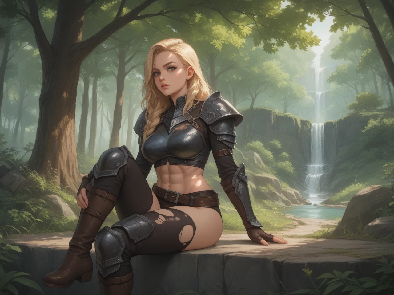 <lora:Arisha003:0.6>,<lora:add_detail:1>,<lora:boldline:-0.8>,<lora:noline:0.3>,
1girl,
blonde hair,(long_hair:1.3),blue eyes,
necklace,jewelry,earrings,hair ornament,pendant,ring,
turtleneck,fur collar,leather jacket,shoulder armor,
leotard,corset,
gauntlets,fingerless gloves,
thigh strap,
high heel boots,
nature,