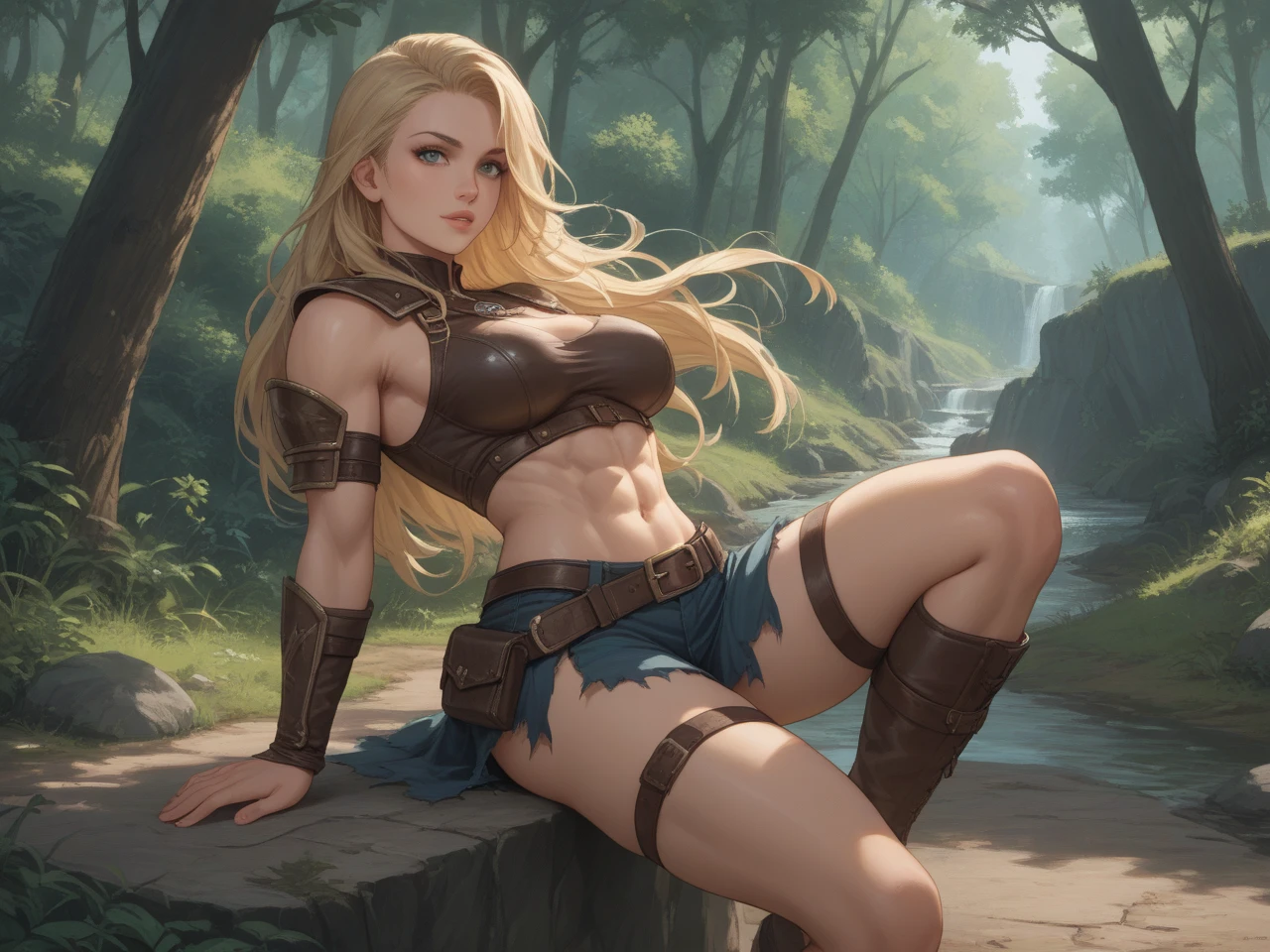 Sexy viking woman posing in a feild