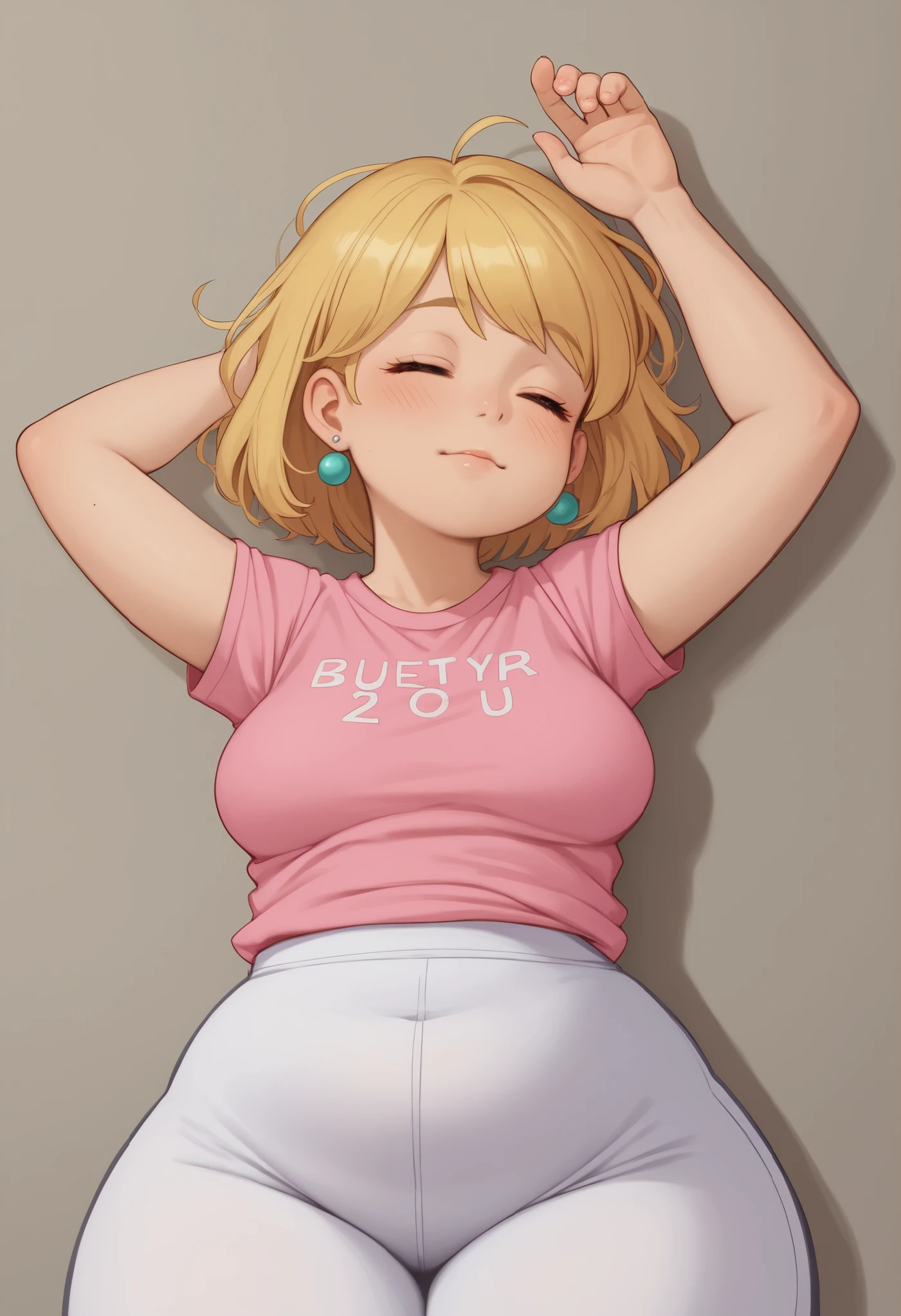 rita loud, mature woman, blonde hair, solo, short hair, medium saggy breasts, gigantic hips. gigantic ass. earrings, fat. | Location: A small concert venue. The spectators are lying unconscious with their backs on the ground, covering their ears. The background is drawn in an anime style. On stage, a cute anime girl in an idol outfit is singing happily with her eyes closed. Hand-drawn jagged music staves and musical note effects are splattered throughout the image. The girl looks like this: Cute anime girl. Her face is rounded. The front hair is cut diagonally above the eyes. H