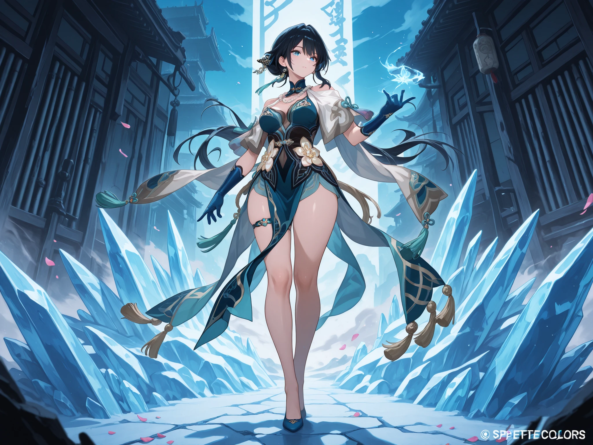 Battlefield with plum petals fluttering、dark-haired RuanMeibren preparing to attack、ice effect with a mixture of blue and green shining from fingers in a dancing gesture、full-body wide shot、ultra high definition anime style、アクリル絵の具によるsuper quality油絵の表現、Hair shakes violently in response to the wind、Cool and bright colors、powerful action scene、speedline at night、Heroic atmosphere、Focus on Her Eyes、Negative Space Composition、masterpiece、super quality、Detailed characters、hair ornament,bare shoulders,chinese clothes,black hair,large thighs,blue gloves,thigh strap,necklace,blue footwear,blue eyes,pelvic curtain,hair bun,earrings,