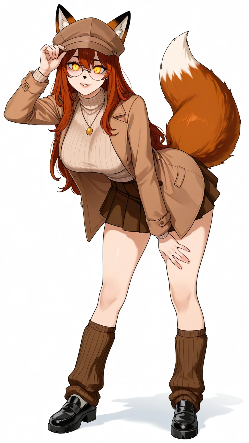 Solo, Score_9, score_8_up, score_7_up, kemono style, Kimiko, An Anthro furry red panda girl, red furry body, red panda tail, , black nose, red hair, braided hair, majestic, long legs, athletic arms and legs, green emerald eyes, toned legs, toned thighs, mid angle shot,, smug smirk, tan rain coat, investigator coat, long coat, loose tie, white dress shirt, opened buttons, rolled up sleeves, right arm steel gauntlet, visible legs, black skirt, black leather heels, armor on heels, knee guard, masterpiece, detailed face, coat fluttering in wing, coat loose around arms, holding cigar, standing in a cool pose, ???? pose, yandere face