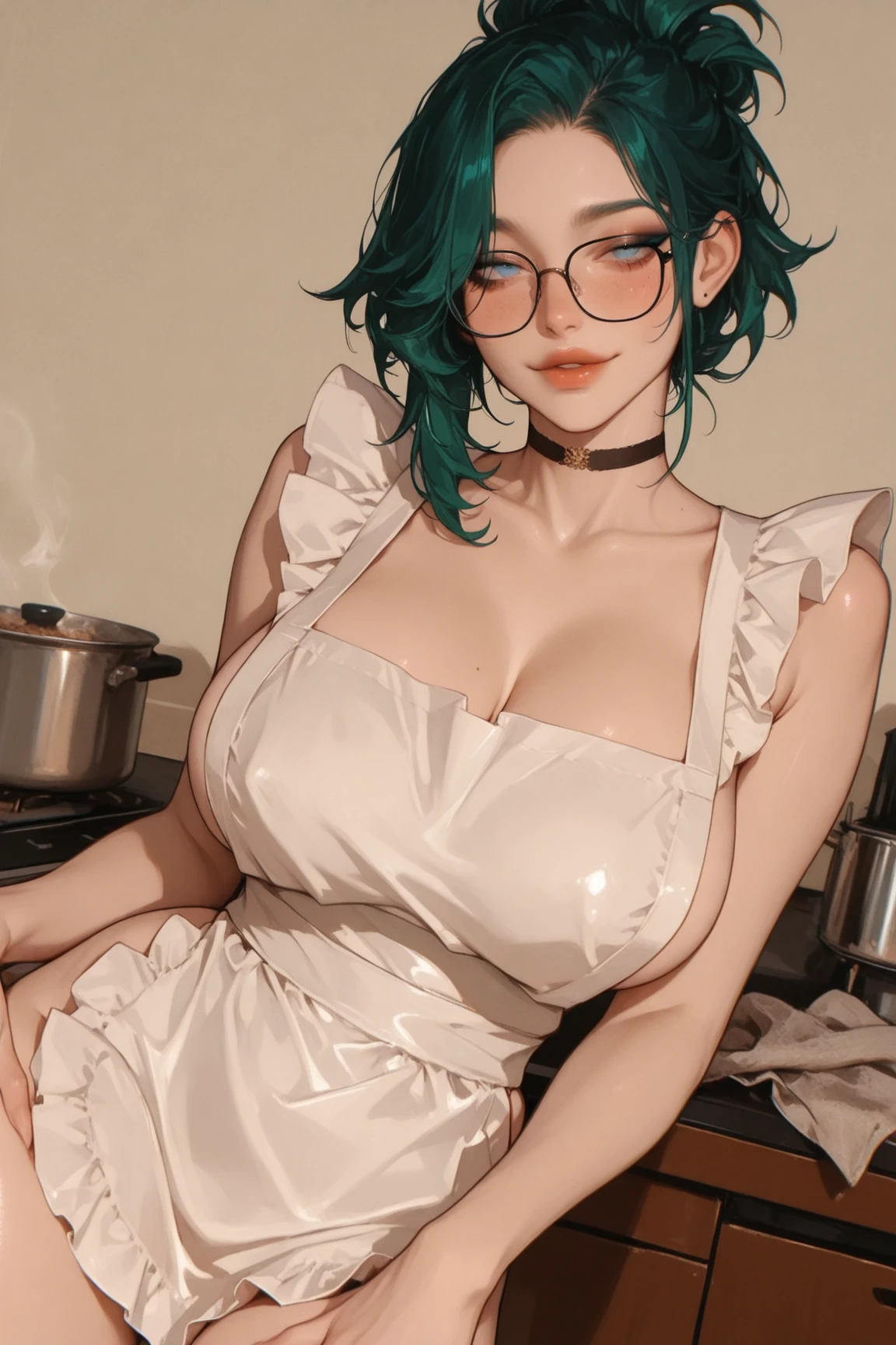 ((front view)), Masterpiece, amazing detail, 4k, perfect face, 5 foot tall green horny goblin girl, naked, hard nipples, spreading legs, hairy pussy, realistic pussy, front shot, spreading long legs, spreading legs, sitting on a chair, black purse, black silk pantyhose and black pumps, very shy, black glasses, (green skin), small pointy ears, short green hair, purple eyes, spreading legs, exploring a fine art museum, curious and fascinated, cinematic lighting