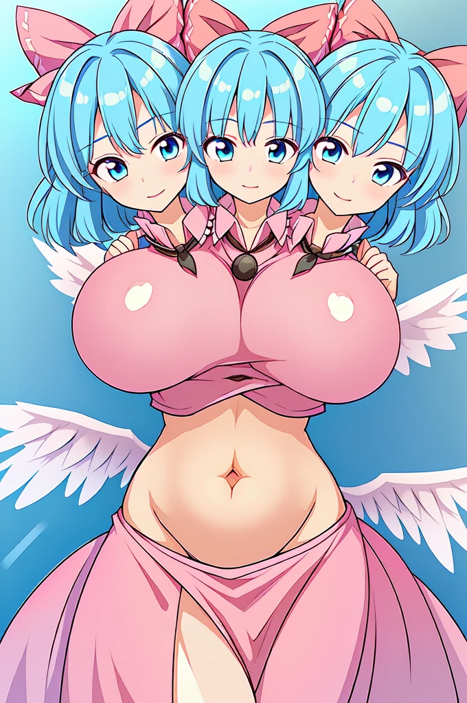 (masterpiece, best quality), best quality, (ultra-detailed), (3heads:1.5), 1girl, (mai:1.3), masterpiece, best quality, ultra quality, ultra resolution, ultra detail, light pink top, crop top, ((stomach)), midriff, ((groin)), light pink skirt, normal ears, shackles, blue hair, very long hair, wavy hair, pigtails, light-blue eyes, parted lips, detailed eyes, sweat, cute, toned belly, hand on own chest, eyelashes, (24 year old woman:1.3), (masterpiece:1.5), (best quality:1.5), (beautiful detailed), extremely detailed CG, extremely delicate and beautiful, depth of field, (finely detailed face), (perfect details:1.2), (mature female:1.3), wide pelvis, slender, large veiny breast, 16k resolution, highres, very high quality, very high definition, extremely detailed, masterpiece, blue hair, long hair, alluring presence, braid, short skirt, close up, big tits, young, light pink bow in her hair, small light pink wings, (girl with three heads),