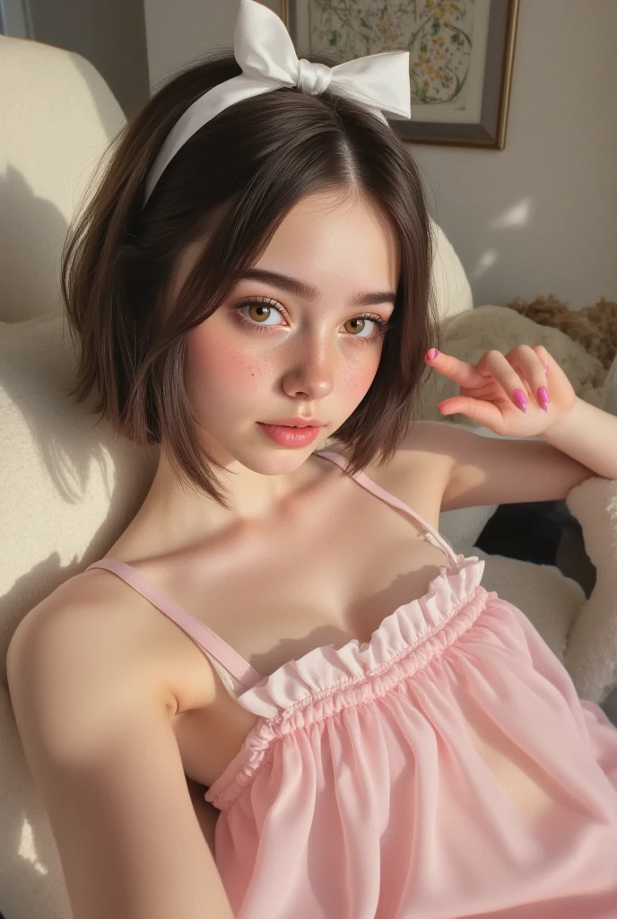 Fashion model 20 years old [[[[Close-up cleavage]]]], [[[[climaxing]]]], [[[[Cole]]]], [[[[bshoulder]]]], perfect  eyes, Perfect iris，perfect lips，perfect teeth，Perfect Skin，with fair skin，soft front lighting，HighDynamicRange，Movie Girl，Pink casual，kneeling on a bed，spread their legs，The background is an ancient Chinese interior，4K Ultra HD, Ultra-high resolution, (realisticlying: 1.4), Best quality at best，tmasterpiece，（pastel colour：1.2)