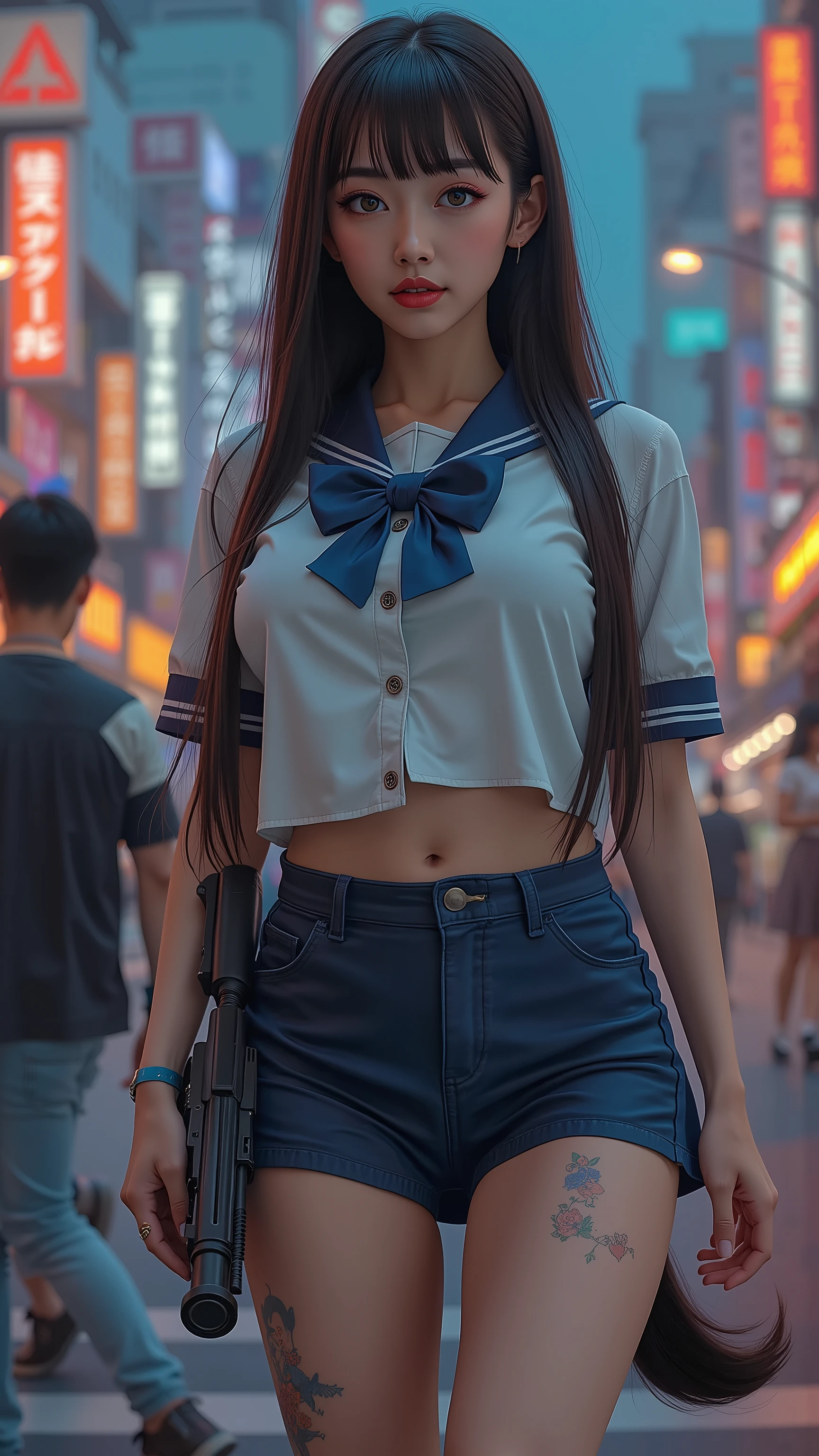 masterpiece, top quality, very detailed,Kampala , (realistic, photorealistic:1.37), (Cowboy Shots for Men :1.3),( thighs:1.5), Excellent Anatomy,beautiful woman,(high school girl,Actually, a small smile involving the parent of the yakuza:1.5),Keen Eyes,((carrying a big machine gun:1.5)),high school girl,((high school girlセーラー服 uniform:1.5)), (shape), (( navy blue super miniskirt:1.5)),(( very delicate and beautiful )),(the cityscape of Shinjuku Kabukicho at night,neon:1.4), brown hair, long hair, Bang,very beautiful face,cute type,looks like a baby, Big Natural Colored Lips, big beautiful eyes,brown eyes,An obvious double,small and cute nose,brown eyes,Sparkling Highlights Around Your Eyes,character focus , tilt her head ,The best light, best shadows ,mysterious, perfect face, very detailed ,Mayokozu ,( Skin Growth , sweated : 1.2), anatomically accurate , Beautiful legs and tail , plump thighs, plump body,big boobs,(Expressing the Roundness and Softness of Your Breasts .........1), beautiful body,(perfect woman),(She's a battle mote,Keen Eyes,Yakuza rivalry:1.5),(walks through the streets of Shinjuku Kabukicho at night with many big, strong, and scary men in tow:1.5)